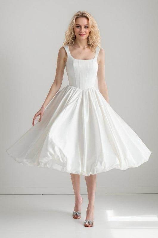 A-Line Tea Length Satin Wedding Dress CW3406 - COCOMELODY